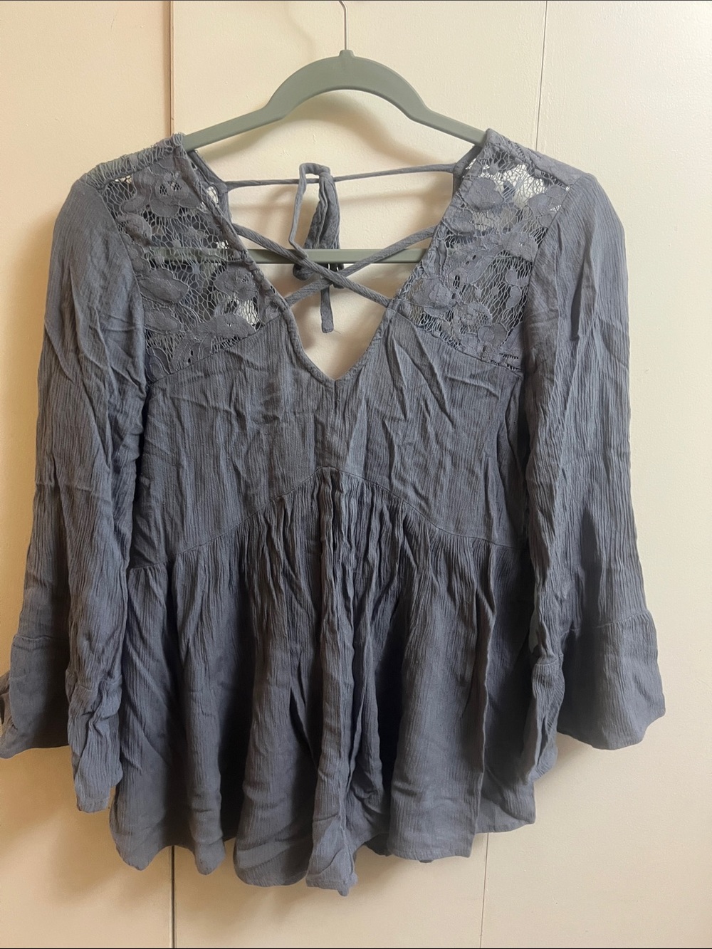 American Eagle Outfitters Slate Gray Lace Yoke Peasant Tunic Size -xs